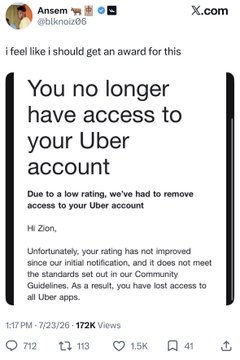 Screenshot of a tweet by @blknoiz06 sharing a screenshot of an Uber account deactivation notice due to low rider ratings.