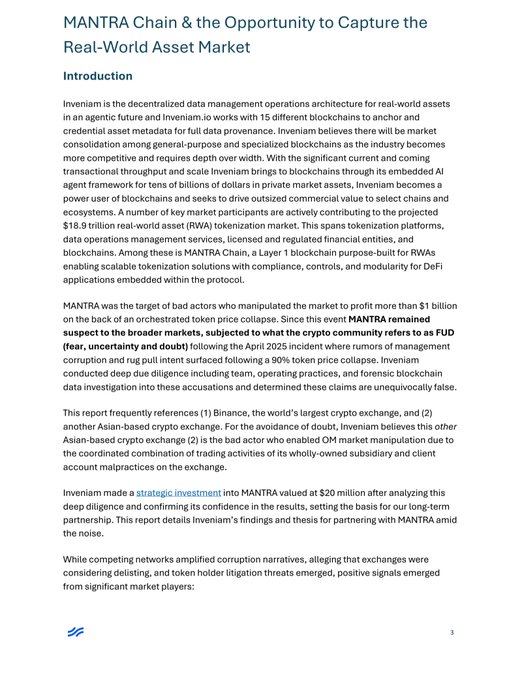 A document titled 'MANTRA Chain & the Opportunity to Capture the Real-World Asset Market' discussing Inveniam's investigation into MANTRA and accusations of market manipulation.
