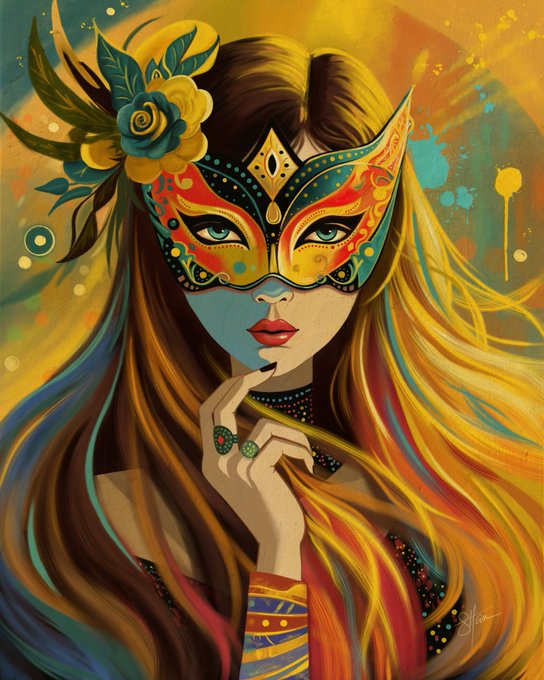 A vibrant digital painting of a woman wearing an ornate red, gold, and teal masquerade mask adorned with blue flowers, her hand resting near her face, surrounded by flowing multicolored hair.