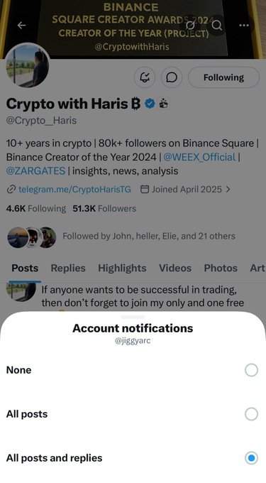 A Twitter/X profile page for "Crypto with Haris B" (@Crypto__Haris), a Binance Square Creator of the Year 2024 with 51.3K followers, is shown with an "Account notifications" pop-up menu at the bottom set to "All posts and replies." The post appears to reference this account, hoping to get noticed by tagging Haris in what looks like a giveaway entry using a Solana wallet address.