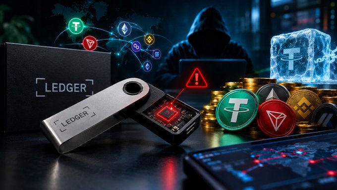A composite image featuring Ledger crypto hardware wallets alongside a hooded hacker using a laptop, with various cryptocurrency logos including Tether (USDT), Tron, Ethereum, Binance, and Solana.