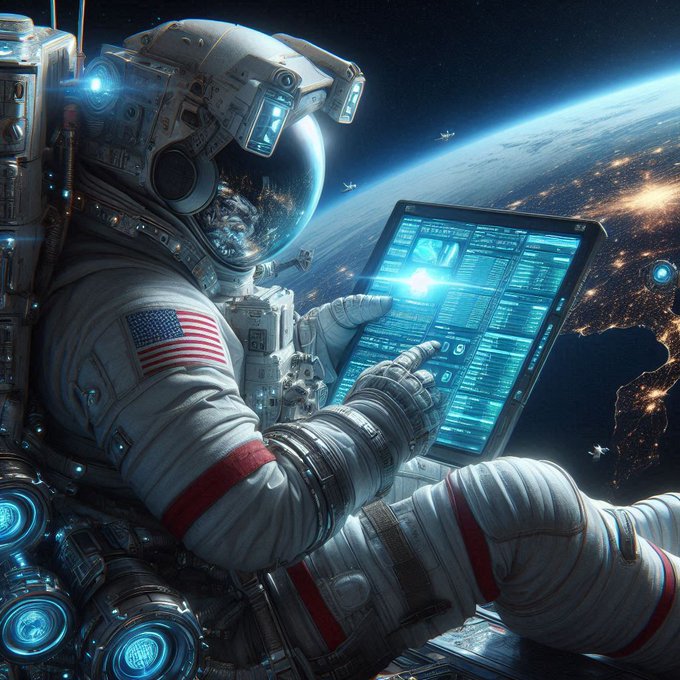 A detailed digital illustration of an astronaut in a NASA spacesuit working on a glowing holographic tablet while floating in orbit above Earth, with city lights visible on the planet's surface below.
