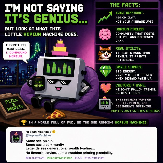 A colorful crypto promotional graphic for 'Hopium Machines' (@HopiumMachines), featuring a pixel-art printer character and listing attributes like 'Built Different,' 'Hopium Fueled,' 'Real Utility,' and 'Small Supply,' with a tweet stating '404 on CLAY. NOT YOUR AVERAGE JPEG.'