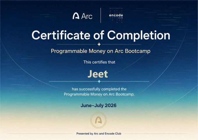 A Certificate of Completion from Arc and Encode Club awarded to "Jeet" for successfully finishing the Programmable Money on Arc Bootcamp during June–July 2026, celebrating the hands-on participation and learning journey referenced in the post.