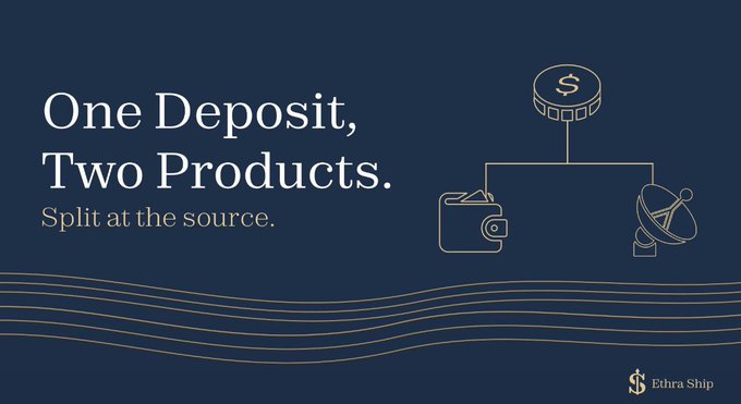 A navy blue promotional banner reading 'One Deposit, Two Products. Split at the source.' by Ehra Ship, featuring line-art icons of a coin splitting into a wallet and a satellite dish.