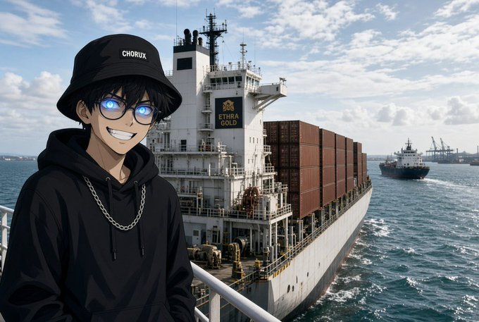 An anime-style character wearing a black 'CHORUX' bucket hat and black hoodie with glasses, smiling in the foreground while a large container ship labeled 'ETHRA GOLD' sails in the background.