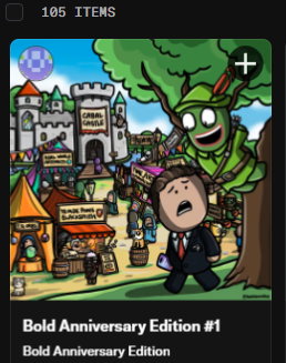 A screenshot from the Bold Anniversary Edition mint at mint.boldleonidas.com shows "105 ITEMS" remaining at the top, featuring artwork of a suited character fleeing from a giant green creature near a castle, with 4 hours and 0.01Ξ per card left as referenced in the post's urgent "All-In Beggar Mode" call to action.