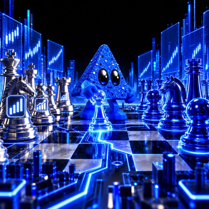 A 3D digital artwork featuring a blue triangular character with eyes playing chess, surrounded by metallic silver chess pieces displaying bar graph symbols, with a futuristic cityscape of stock charts in the background.
