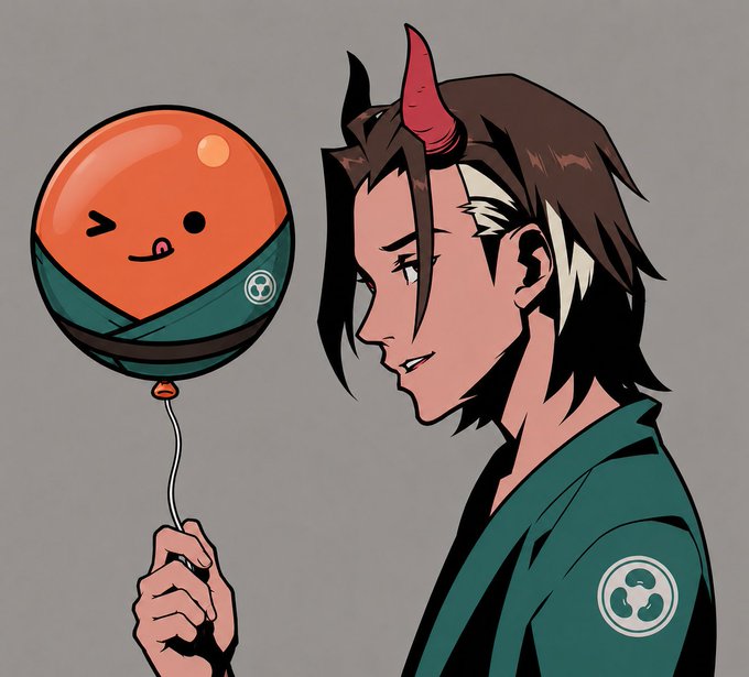An anime-style illustration features a character with a red horn and white-streaked hair wearing a dark teal kimono with a circular emblem, holding an orange balloon with a cute face.