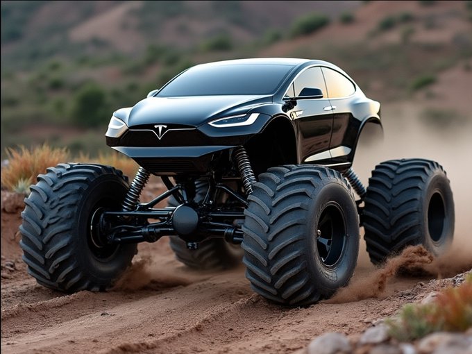 A black Tesla Model X is modified into a monster truck with massive knobby tires, shown driving on a dusty dirt terrain with rocky hills in the background.