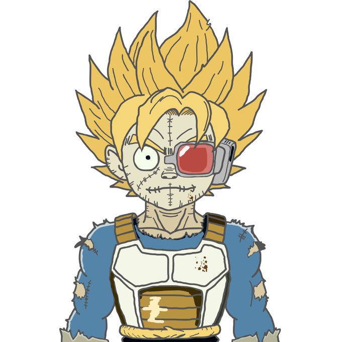 A cartoon illustration of a battle-damaged Super Saiyan character with spiky blonde hair, a red scouter over one eye, facial stitches/scar, and a torn blue and white Saiyan battle armor with blood spots.