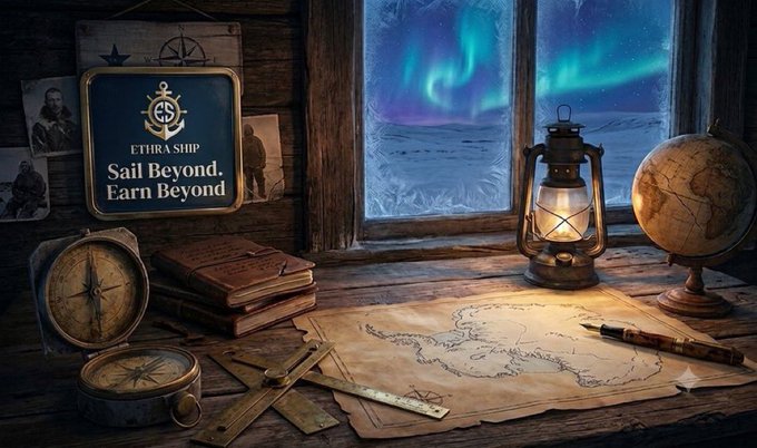 An advertisement-style scene featuring a rustic wooden desk with an 'ETHIRA SHIP - Sail Beyond, Earn Beyond' plaque, alongside a lantern, globe, old books, compass, and map with northern lights visible through a frosted window.
