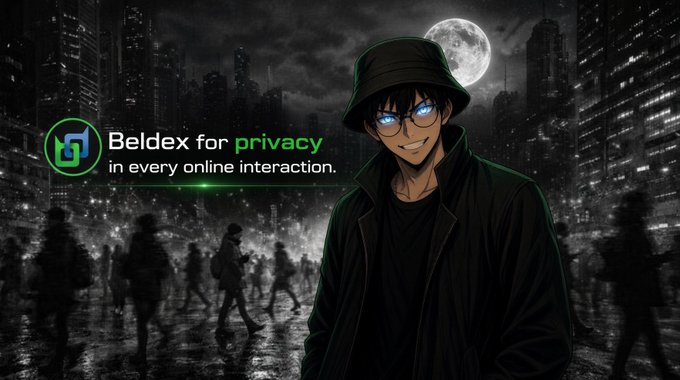 An advertisement for 'Beldex' featuring an anime-style character with glasses and a hat against a dark city background, with the text 'Beldex for privacy in every online interaction.'