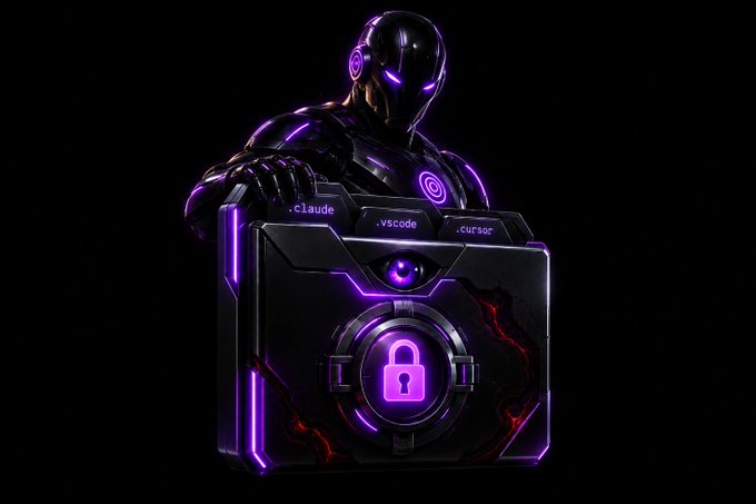 A futuristic armored character in purple and black tech-suit stands behind a briefcase featuring a glowing purple padlock and tabs labeled '.claude', '.vscode', and '.cursor'.