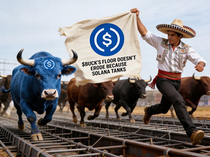 The image features a man wearing a sombrero, running with a bull on a track while holding up a sign that says "Buck's Floor doesn't erode just because Solana has a Tism fit 2RCez9oJLnBEmGz1GEtX6tisCVUf22znm9thFeZpump". The man is wearing a white shirt and black pants, which contrasts with the bull. The bull appears to be brown in color. The sign reads "Buck's Floor doesn't erode just because Solana has a Tism fit 2RCez9oJLnBEmGz1GEtX6tisCVUf22znm9thFeZpump".