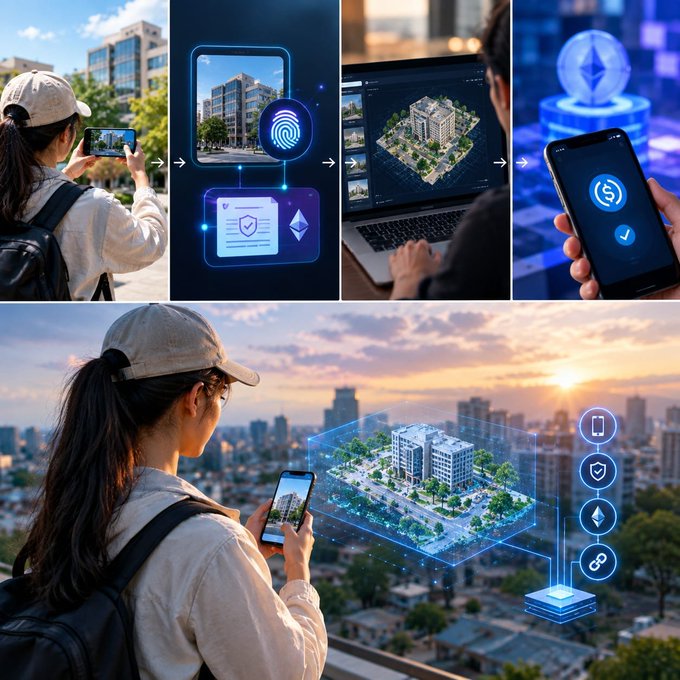 A composite image showing a person photographing a building with a smartphone, which connects to fingerprint/ID verification, a laptop with a 3D model, and a mobile payment app, culminating in a holographic building projection over a cityscape.