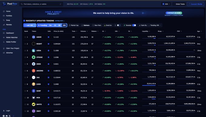 A screenshot of the "Pool Flow" website dashboard displays recently updated tokens including USDN, NIGHT, OBOL, STRIGER, DNEK, and ASCEND.