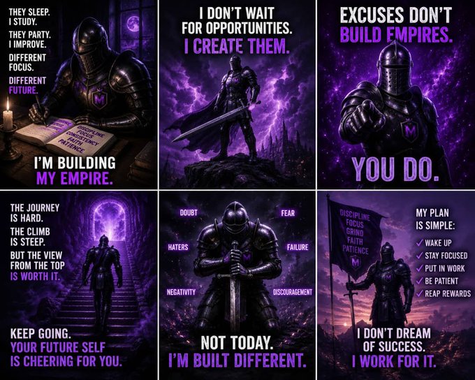 A collage of six motivational posters featuring a dark knight in armor against purple backgrounds, with text including 'I DON'T WAIT FOR OPPORTUNITIES. I CREATE THEM,' 'I'M BUILDING MY EMPIRE,' and 'NOT TODAY. I'M BUILT DIFFERENT.'