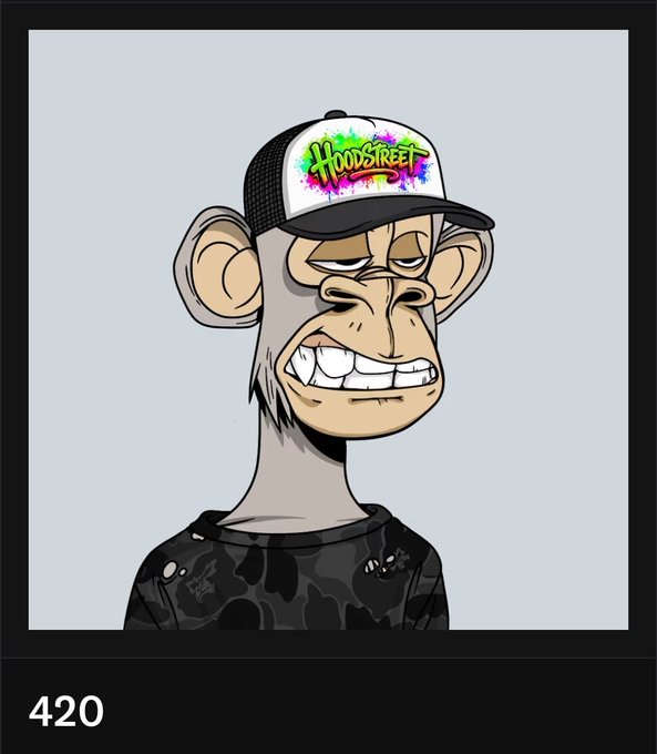 A cartoon illustration of a monkey with a grinning expression wearing a black trucker hat with "HOODSTREET" in colorful graffiti-style text, a black camouflage shirt, and a small mouse on its shoulder, labeled "420" in the corner.
