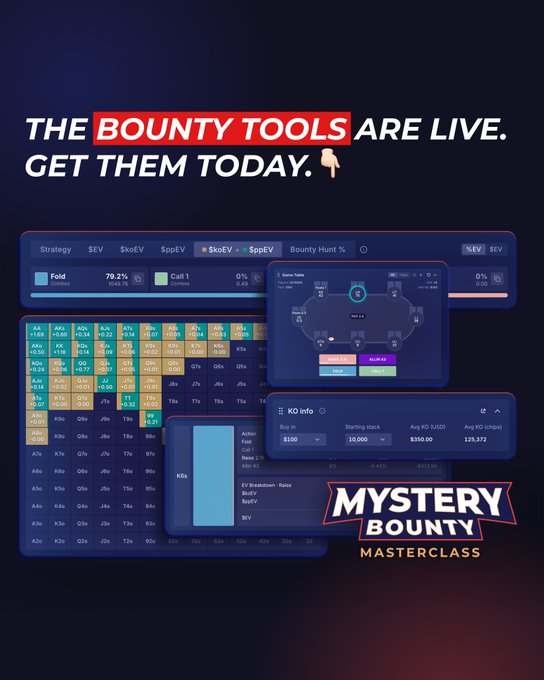 A promotional graphic for poker tools titled 'THE BOUNTY TOOLS ARE LIVE. GET THEM TODAY' featuring poker analytics interface screenshots and a 'MYSTERY BOUNTY MASTERCLASS' logo.