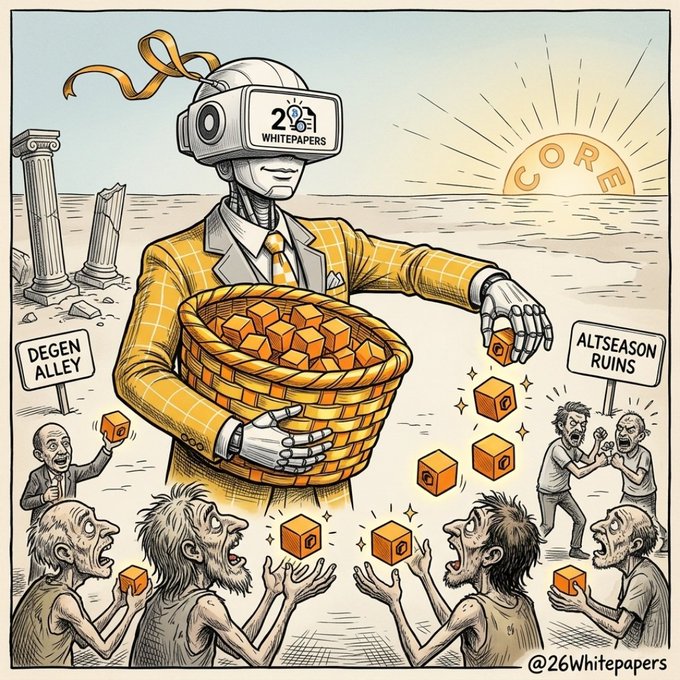 The image features a cartoon illustration depicting a man wearing a suit and tie holding a basket of orange cubes above his head, with people surrounding him trying to take the cubes from the basket. The caption for the image reads "26Whitepapers #CORE Regardless, don't forget to follow @26Whitepapers."