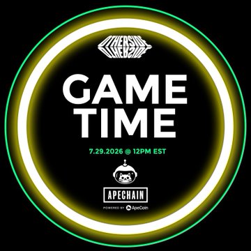 A circular 'GAME TIME' logo featuring neon green and yellow borders, with the text '7.29.2026 @ 12PM EST' and logos for 'Otherside' and 'APECHAIN' below it.