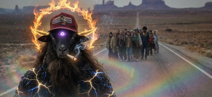 A surreal AI-generated image shows a goat-headed figure with a flaming crown and glowing third eye wearing a cap, standing in a desert with a group of people on a road behind it.