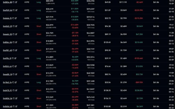 The image shows a grid filled with numbers, likely representing stock prices or financial data. There are two traders who have been identified as being active on Hyper Liquid, one of whom has held a short position on HYPE. The other trader also holds a short position on HYPE. This information is important for understanding the trading activity and sentiment surrounding these stocks.
