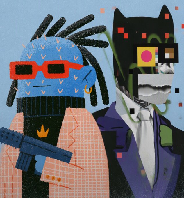 A digital art illustration of two stylized characters: one with blue skin, dreadlocks, red sunglasses, and an orange jacket holding a gun, and another wearing a purple suit and a black cat-like mask with geometric shapes.