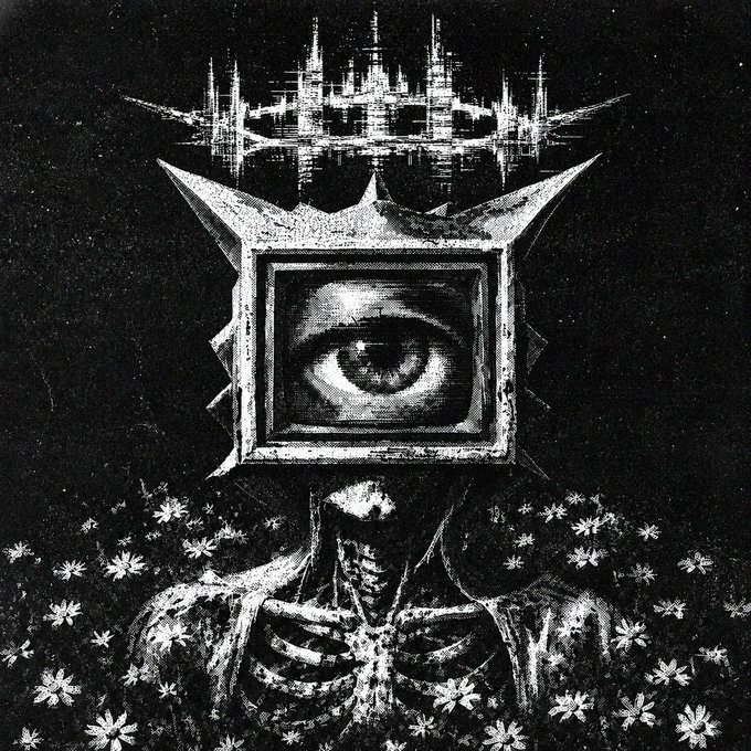 A black-and-white surreal illustration of a skeletal figure holding its hands to its chest, with a square frame containing a large eye for a head, topped by a spiked crown above a field of small flowers.