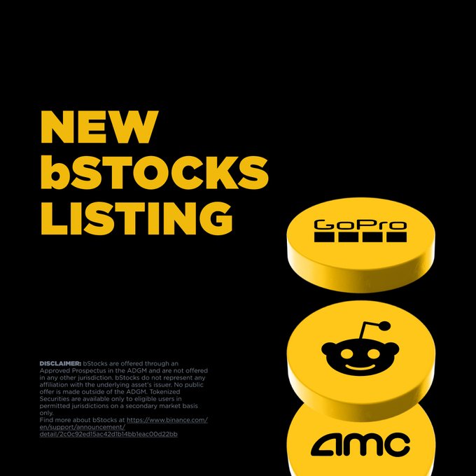 A bold black and yellow Binance promotional graphic announcing "NEW bSTOCKS LISTING," featuring yellow circular icons for GoPro and Reddit, with the text "AMC" visible at the bottom, aligning with the post's announcement of GoPro $GPROB and Reddit $RDDTB being newly available as on-chain tokenized stocks.