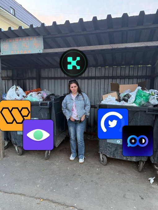 A woman standing in front of overflowing trash dumpsters with various tech and social media app icons (Banana Gun, Twitter, etc.) overlaid on the image, possibly symbolizing failed tech projects.