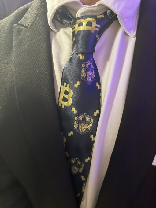 A close-up view of a person wearing a dark suit jacket, white shirt, and a navy blue tie featuring gold pixel-art designs including crowns and crests.