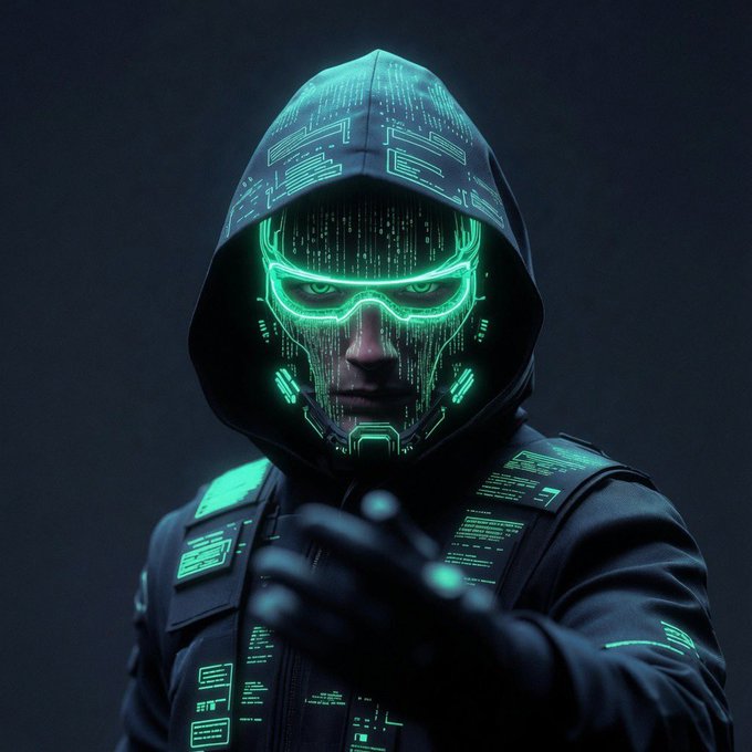 A hooded figure with glowing green digital visor and circuit-like patterns stares directly at the viewer, embodying the futuristic, cyberpunk aesthetic fitting for "NFT Week." The masked persona projects an anonymous, tech-forward hacker vibe that aligns with the crypto and digital art community's vibe.