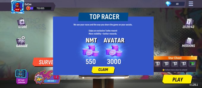 A mobile racing game menu displays a “TOP RACER” reward popup with “NMT,” “AVATAR,” “550,” “3000,” a yellow “CLAIM” button, and a large “PLAY” button.