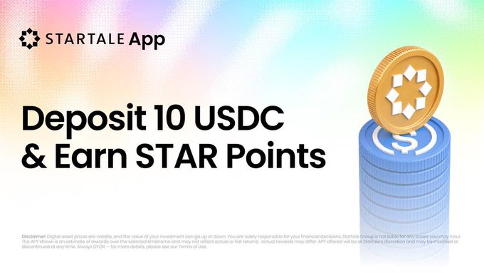 A promotional banner for the Startale App featuring the headline "Deposit 10 USDC & Earn STAR Points," illustrated with a stack of blue USDC coins topped with a gold STAR token against a colorful gradient background. The image visually reinforces the new deposit-based missions on Startale App in collaboration with Ethereum, highlighting the STAR Points reward system for USDC deposits.