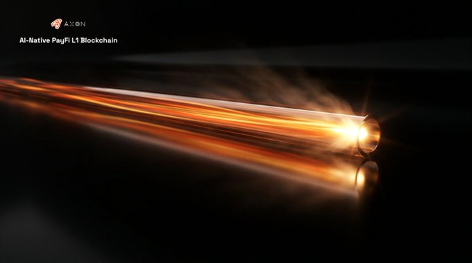 A dramatic promotional image for 'AXON' described as 'AI-Native PayFi L1 Blockchain', showing a glowing bullet or projectile streaking with fire.
