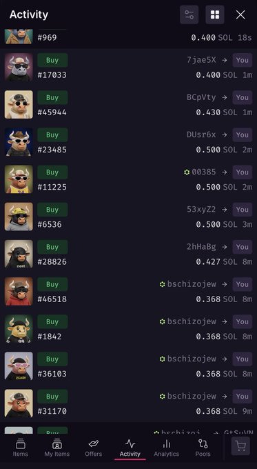 The image shows an "Activity" page listing recent purchases of Bull Pen NFTs at various prices (ranging from 0.368 SOL to 0.500 SOL), with the top entry showing a sale at 0.400 SOL from 18 seconds ago. This directly relates to the post, which is a frustrated seller demanding that buyers purchase their Bull Pen NFTs at 0.4 SOL—matching the recent sale price visible in the activity feed, suggesting the seller is reacting to seeing their NFTs sell at that rate.