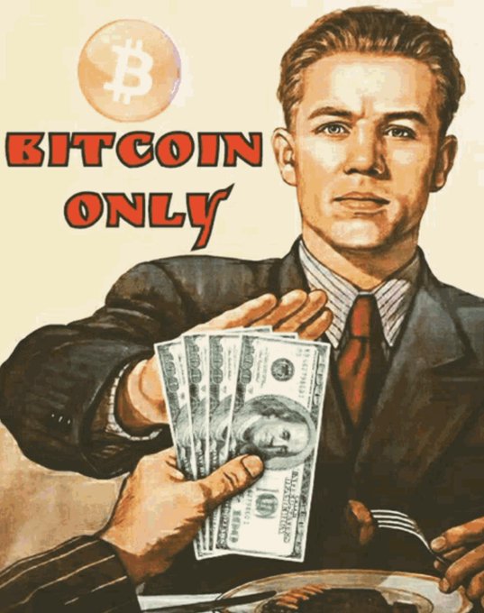 A vintage-style illustration of a well-dressed man in a suit and red tie at a restaurant refusing cash money (held out by another hand) in favor of 'BITCOIN ONLY', with a Bitcoin coin symbol in the upper left corner.