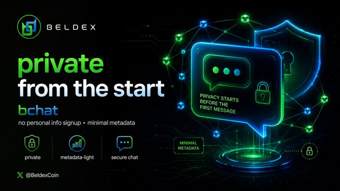A promotional graphic for Beldex's 'bchat' messaging app, highlighting features: 'private from the start,' 'no personal info signup,' 'minimal metadata,' 'private,' 'metadata-light,' and 'secure chat.'