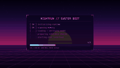 A computer screen displays a BIOS/UEFI system boot menu with options including 'Continue Normal Startup' and 'System Recovery' against a retro purple grid background.