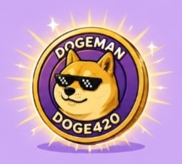 A badge/coin-style logo featuring a Shiba Inu dog wearing pixelated sunglasses, with the text 'DOGEMAN' and 'DOGE420' on a purple background with sun rays.