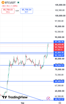 A TradingView chart of BTCUSDT showing a recent price surge to 85,758.07, with various price levels marked in red and blue.