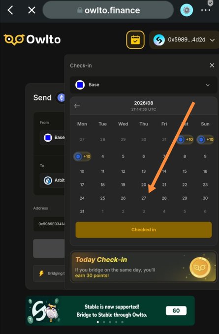 A screenshot of the Owlto.finance website displaying a check-in calendar for August 2026 on the Base network, with an orange arrow pointing to the "Checked in" button and a note about earning 30 points for same-day bridging.