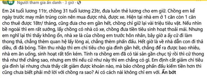 The image displays a Vietnamese text post on a forum where a 24-year-old woman earning 11 million VND/month complains that her 31-year-old husband earns 23 million VND/month, gives her his entire salary, and spends his "8-figure crypto earnings" on a house and car. She feels that despite his financial generosity, he doesn't love her and only works for fun while she's struggling with household expenses and raising their child.