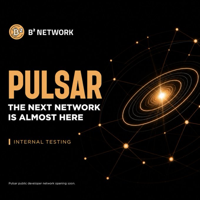 A promotional graphic for B² Network announces "PULSAR — THE NEXT NETWORK IS ALMOST HERE" in bold orange text, with "INTERNAL TESTING" noted below and a tagline reading "Pulsar public developer network opening soon." The design features a glowing spiral galaxy-like illustration set against a black background, visually reinforcing the cosmic "Pulsar" branding of the upcoming network.