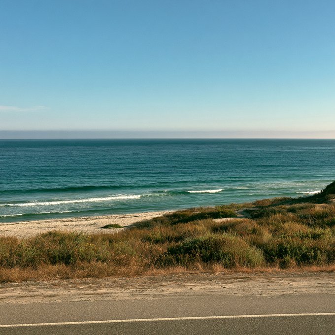 A serene coastal scene showing a beach with gentle waves, vegetation-covered dunes, and a clear blue sky, with a paved road visible in the foreground.