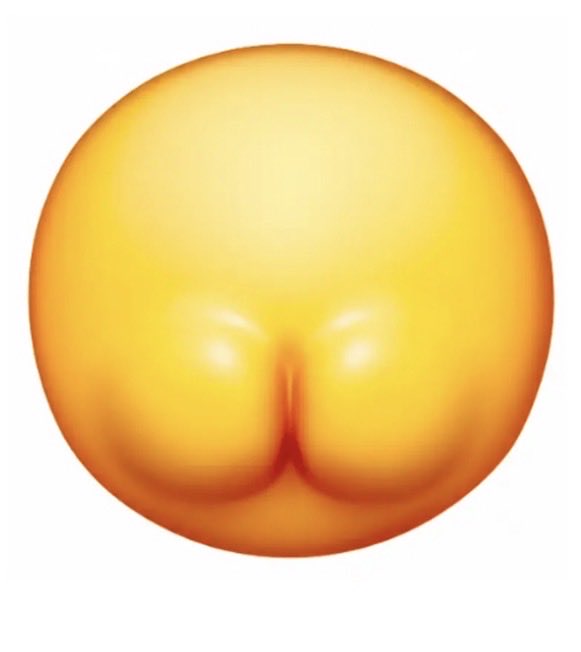 A bright yellow, glossy cartoon-style spherical emoji features two prominent rounded bumps in the lower center, subtly representing buttocks. Paired with the casual greeting "Hi," the image humorously gives the standard friendly hello a cheeky twist.