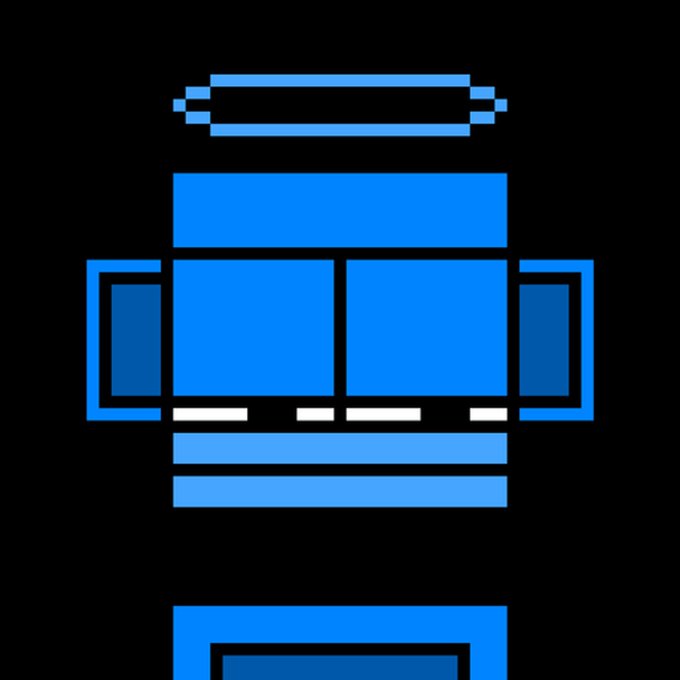 A blue pixel-art style illustration depicts the iconic helmet of the RoboCop character against a black background.