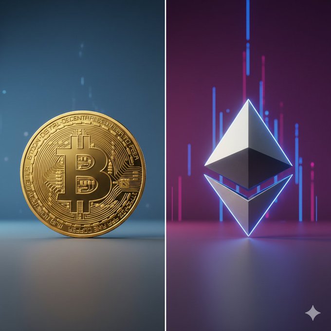 A split-screen graphic displays a gold Bitcoin coin on the left against a blue background and the Ethereum logo on the right against a purple background with candlestick chart lines.